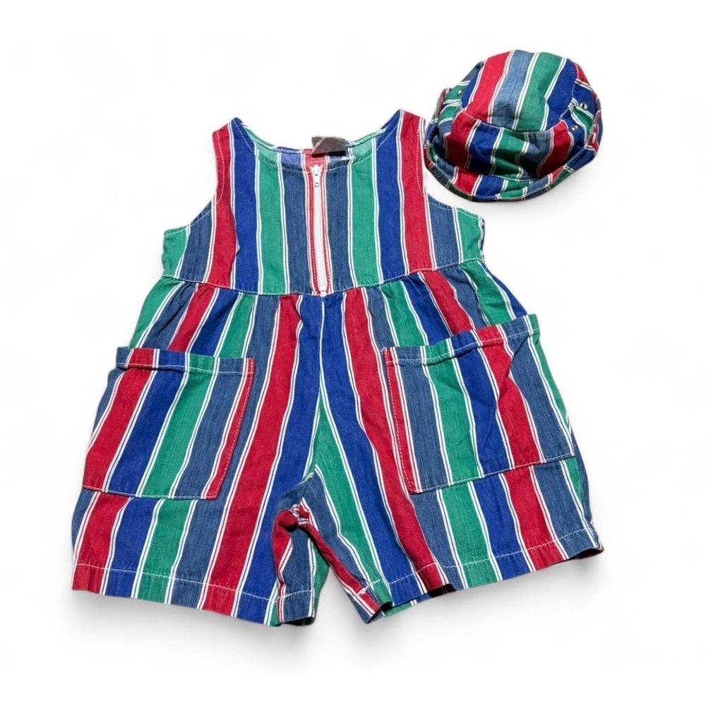 Vintage color Block Kids 4T Striped Shortall Romper Matching Hat Made Canada